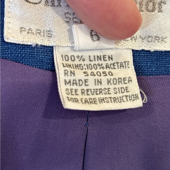 80s DIOR BLUE LINEN PINSTRIPE LUXURY BOXY DOUBLE BREASTED COLLARLESS BLAZER SZ 6 - Picture 9 of 9